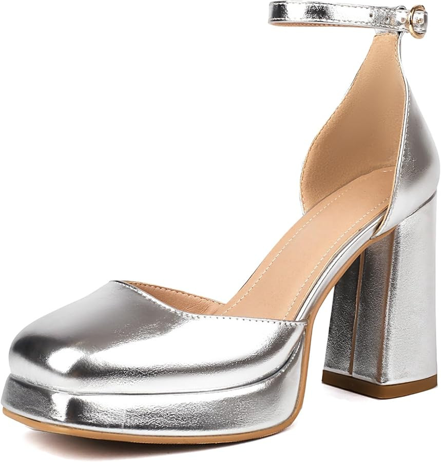 XIEDA Women's Closed Toe Platform Chunky High Block Satin Heels 4 Inch Ankle Strap Party Prom Dre... | Amazon (US)