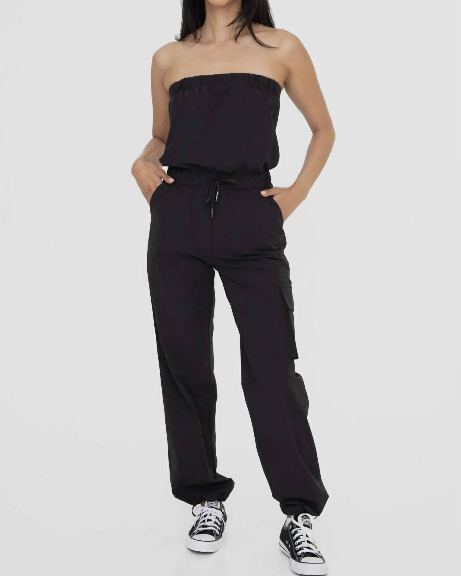 Strapless Cargo Jumpsuit In Black | Shop Simon