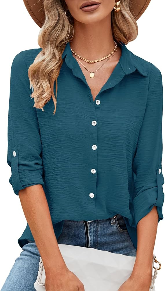 Odosalii Womens Button Down Shirts V Neck Rolled Up Long Sleeve Tops Elegant Dressy Blouses Busin... | Amazon (US)