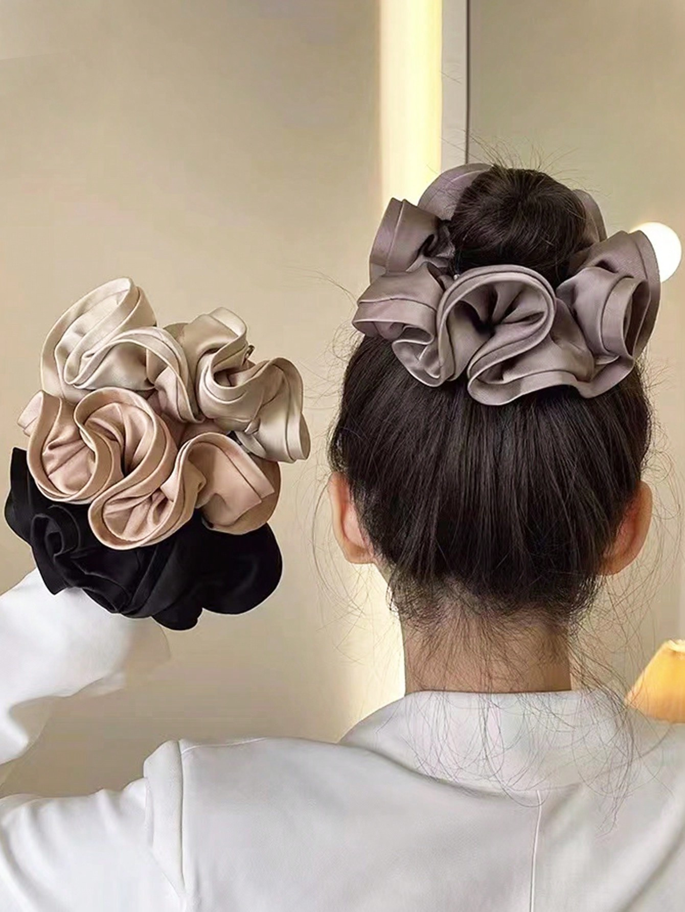 1pc/3pcs Elegant Satin Large Scrunchies With Ruffle Trim, Soft & Stretchy Hair Ties For Bun, Pony... | SHEIN