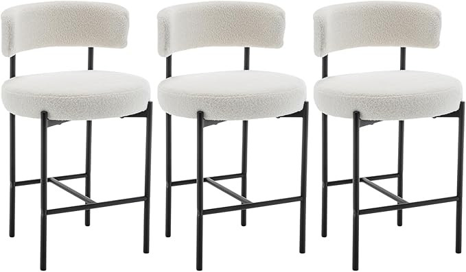 Boucle Bar Stools Set of 3, White Counter Height Bar Stools with Backs, Modern Barstools for Kitc... | Amazon (US)