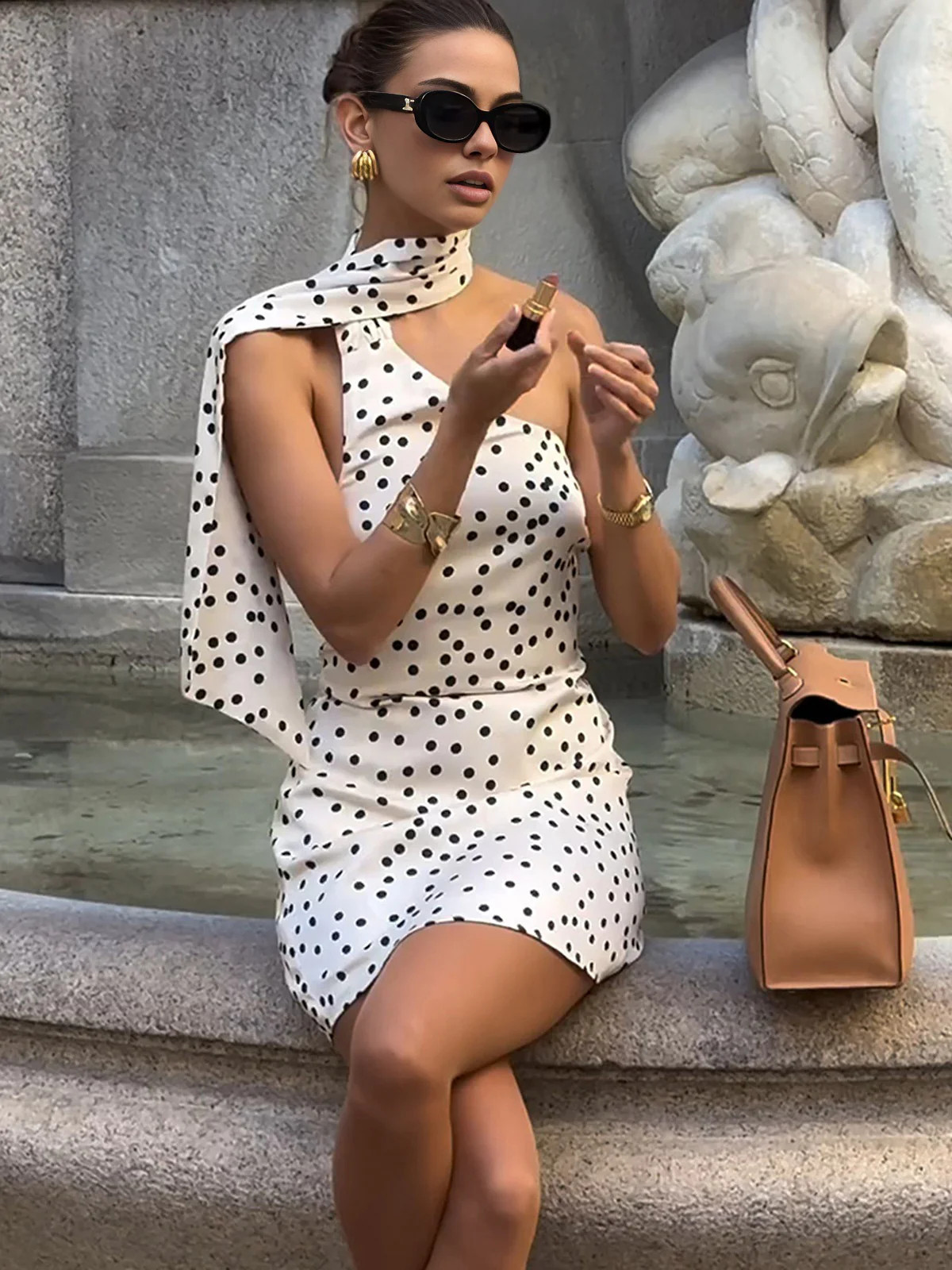 Satin Polka Dot Asymmetrical Dress | Commense