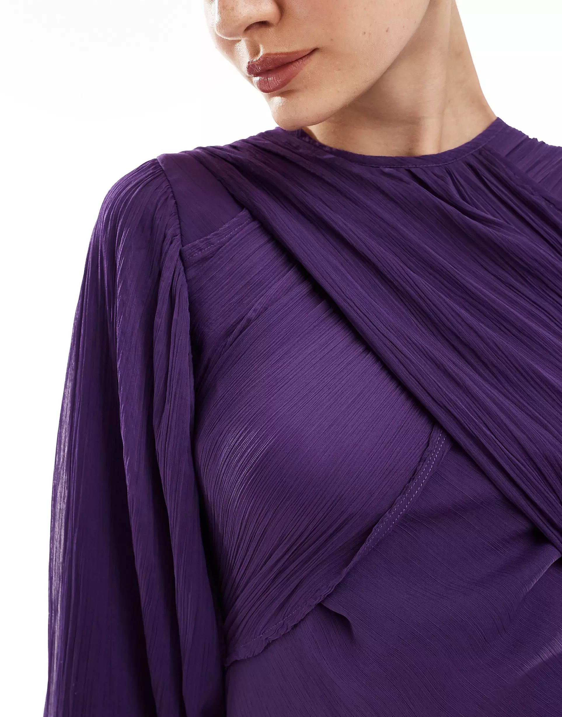 ASOS DESIGN exaggerated sleeve wrap bias maxi dress in crinkle chiffon in purple | ASOS (Global)