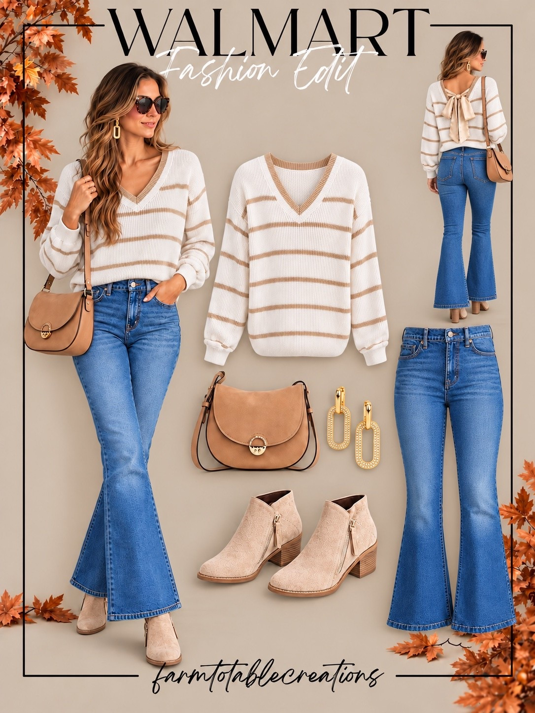 Walmart Fall Fashion Edit 🤎

This Walmart outfit is such an easy way to transition into fall! The striped bow-detail sweater paired with classic flare jeans feels feminine and polished, while the neutral ankle boots and camel crossbody keep the whole look effortlessly wearable.

Add the statement gold earrings and you have the perfect outfit for brunch, shopping, casual date night, or an everyday fall look. These pieces look so much more expensive than their Walmart price tags!

Follow @farmtotablecreations on Instagram for more cozy home finds and trending decor.

#LTKStyle #WalmartFashion #WalmartFinds #WalmartStyle #FallFashion #FallOutfit #AffordableFashion #CasualStyle #EverydayStyle #FlareJeans #SweaterWeather #FallStyle #NeutralStyle #LTKFinds

#LTKootd #LTKgrwm #LTKmomlife