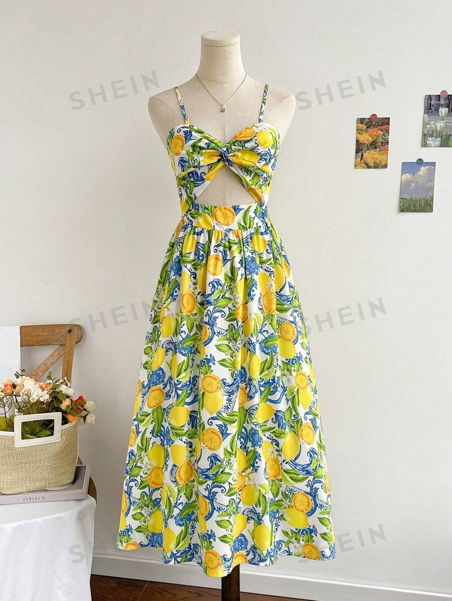 SHEIN WYWH WYWH Women's Vacation Spaghetti Strap V-Neck Knotted Waist A-Line Midi Dress, Tropical... | SHEIN