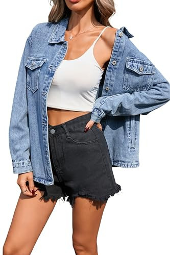 LifeShe Womens Denim Jackets Long Sleeve Button Down Jean Shacket Casual Loose Fit Vintage Denim Shirts with Pockets | Amazon (US)