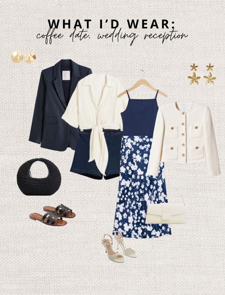What I’d wear: coffee date, wedding reception outfit inspiration. 

Leave a 💙 to favorite this post and come back to shop later! 

Summer outfits, round earrings, flower earrings, Abercrombie & Fitch premium linen navy blazer, Mango, belted bag, H&M, 90’s square vest top, jacquemus le bambino dupe, satin mido floral skirt, high waist denim shorts, white blouse, Sam Eldeman sandals, heeled sandals, twill jacket, Netherlands. 

#LTKeurope #LTKstyletip #LTKSeasonal
