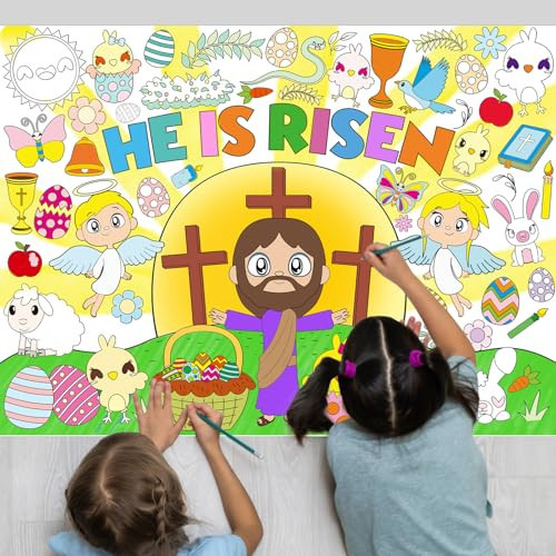 WorldBazaar Easter Christian Coloring Poster Craft for Kids 3PCS Large He is Risen Jesus Coloring Banner Tablecloth Easter Craft Classroom Home Activity Holy Week Religious Spring Party Favors | Amazon (US)