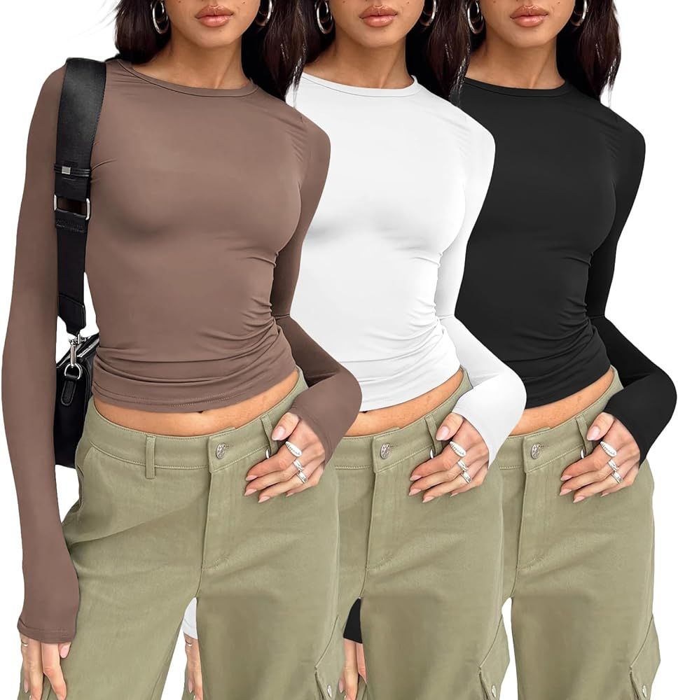 AUTOMET Womens 3 Piece Long Sleeve Shirts Basic Crop Tops Going Out Fall Fashion Underscrubs Laye... | Amazon (US)