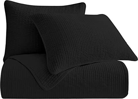 HiEnd Accents Stonewashed Cotton Velvet 3 Piece Quilt Set with Pillow Shams, Super King Size, Black  | Amazon (US)