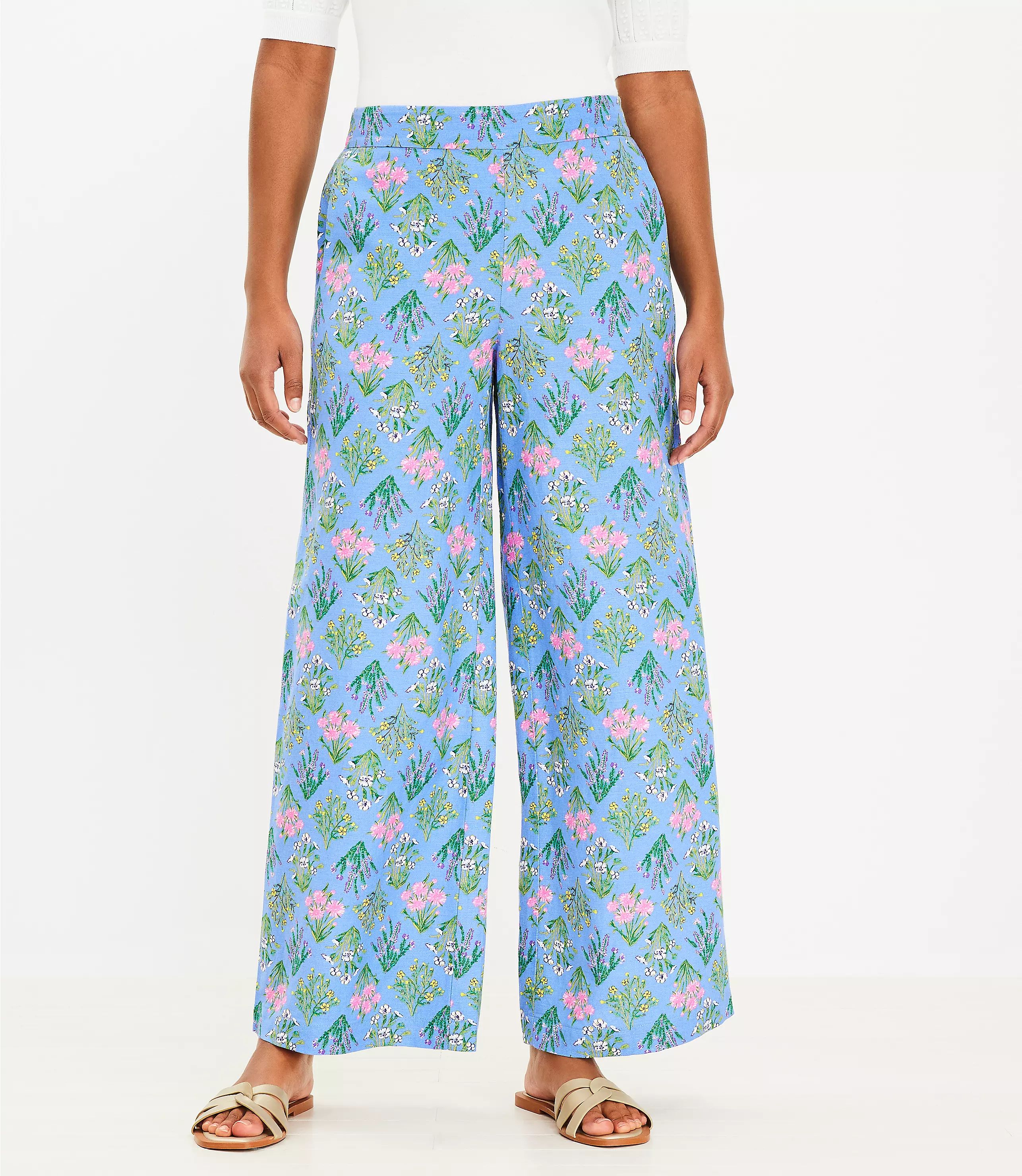 Fluid Wide Leg Pants in Bouquet Linen Blend | LOFT