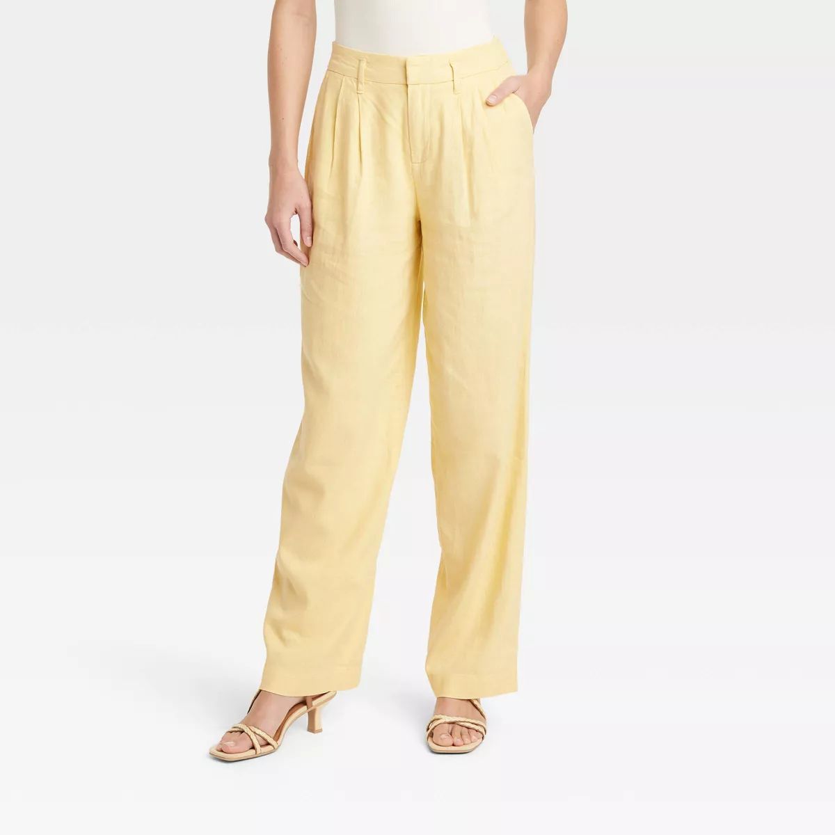 Women's High-Rise Linen Pleat Front Straight Pants - A New Day™ Yellow 8 | Target