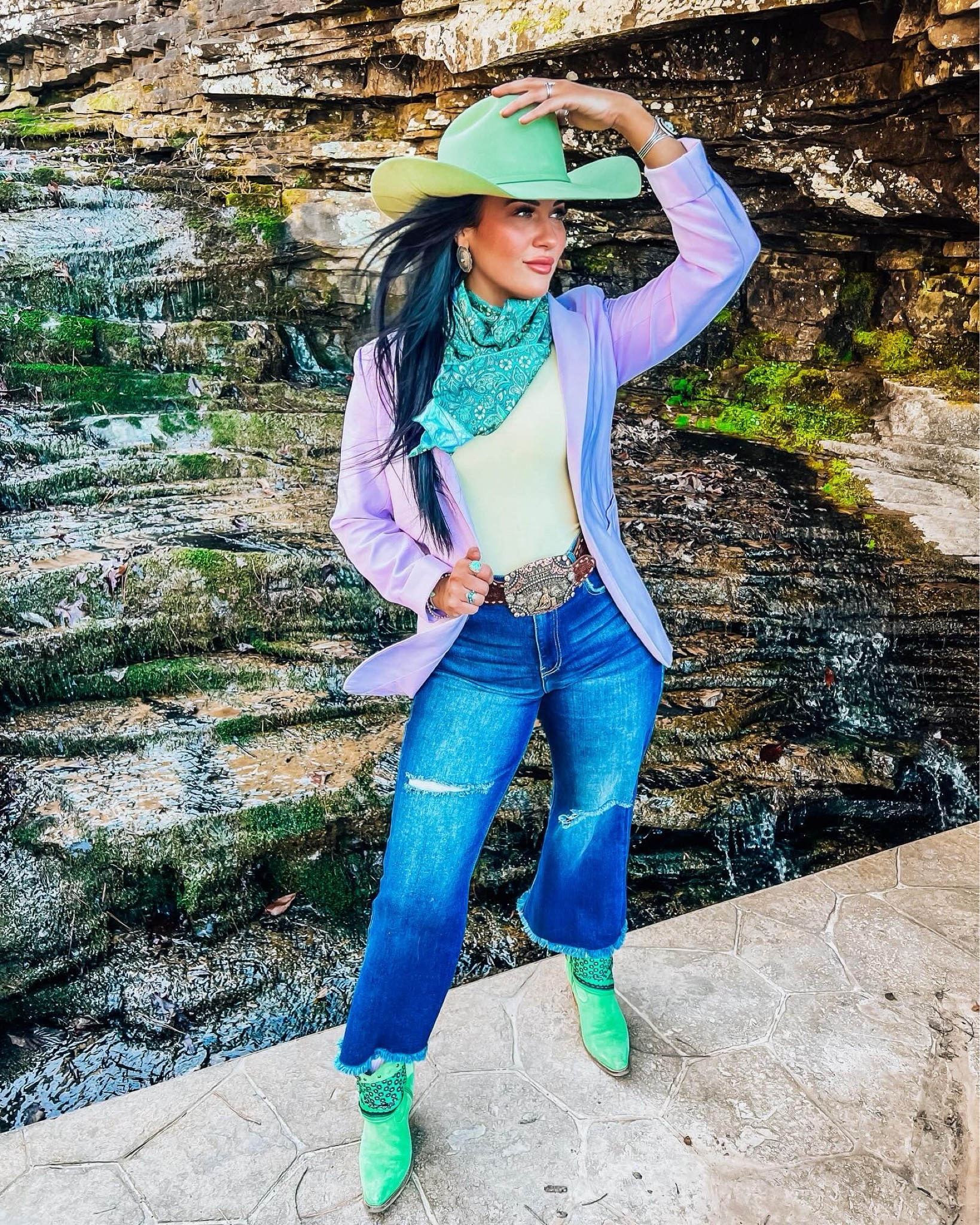 Hat from Pro Hat, shirt and blazer no longer sold, wild rag Wild MF Designs, jeans My Forever Cowgirl, boots linked 


cowgirl outfit, western, rodeo, boots, hat, fringe, denim, plaid, country, horseback riding, fashion, style, accessories, belt, cowboy boots, cowboy hat, bandana, wild west, ranch, yeehaw

#LTKU #LTKstyletip