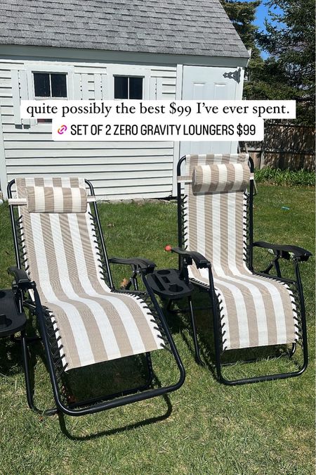 These striped beige zero-gravity loungers were 2 for $99 so I had very low expectations, but they’re amazing! The cup holder is removable so you can class them up if you want to or you could hold your cocktail and a coffee at the same time. Summer goals! Shop the look and follow @pennyandpearldesign for more home style✨



#LTKhome #LTKFind #LTKSeasonal