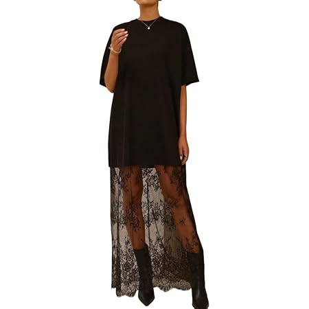 MARZXIN Tshirt Dress with Lace Bottom Patchwork Maxi Summer Dress for Women | Amazon (US)