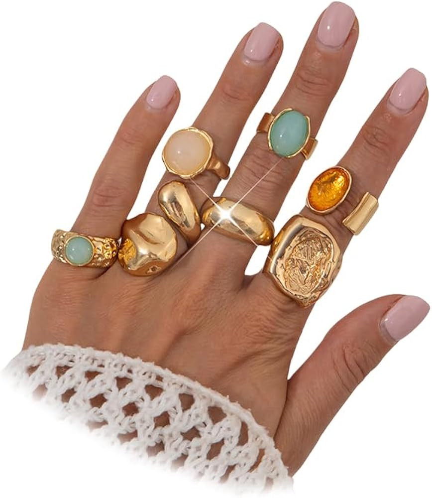 Gold Rings for Women Non Tarnish Unique Chunky Gem Stone Stackable Knuckle Ring Set Vintage Funky... | Amazon (US)
