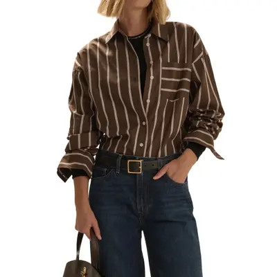 Favorite Daughter The Beau Stripe Cotton Poplin Button-Up Shirt in Mocha Stripe at Nordstrom, Size Small | Nordstrom