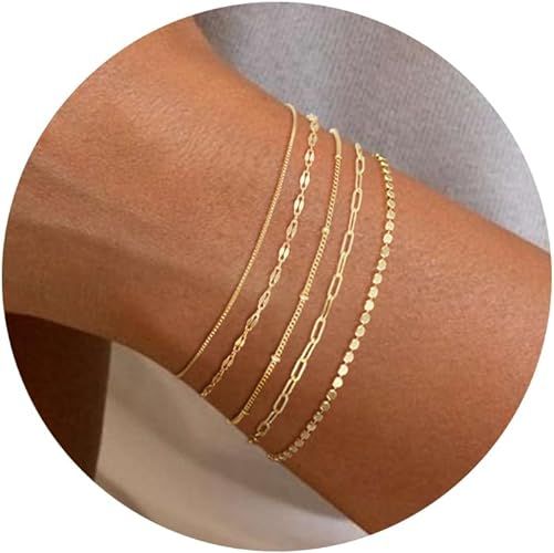 Gold Bracelets for Women, 14K Dainty Gold Plated Stackable Bracelets for Women Trendy Gold Bracel... | Amazon (US)