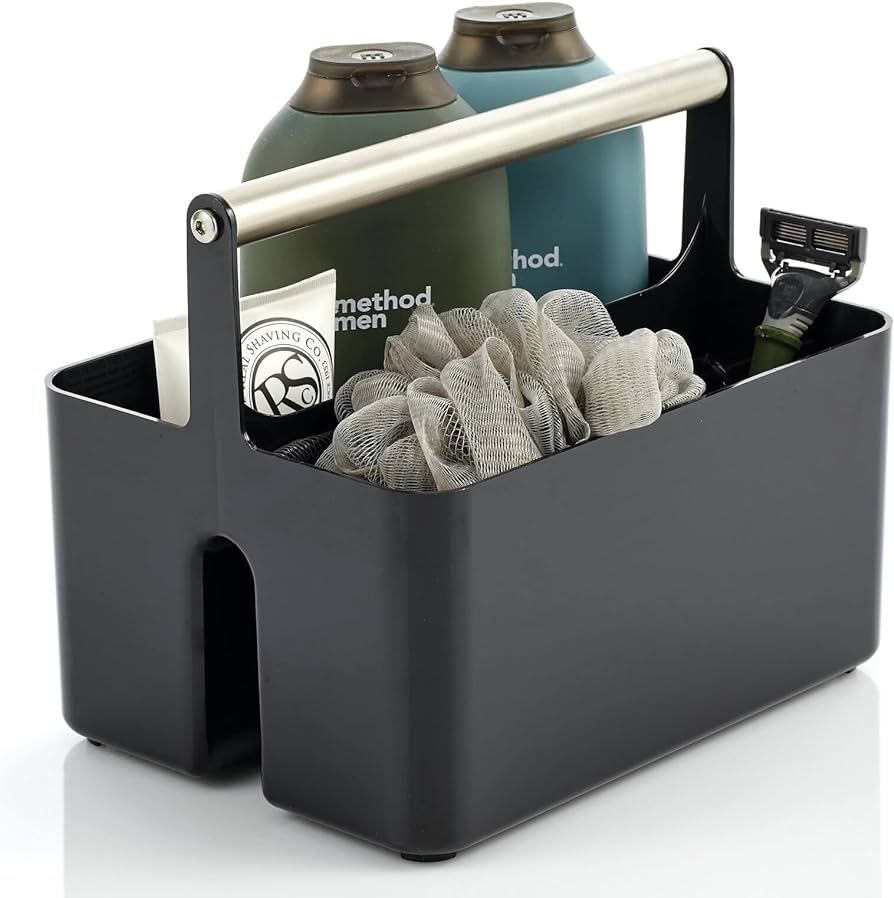 mDesign Plastic Shower Caddy Storage Organizer Utility Tote, Divided Basket Bin - Metal Handle for Bathroom, Dorm, Kitchen, Holds Soap, Shampoo, Conditioner - Aura Collection - Black/Brushed Chrome | Amazon (US)