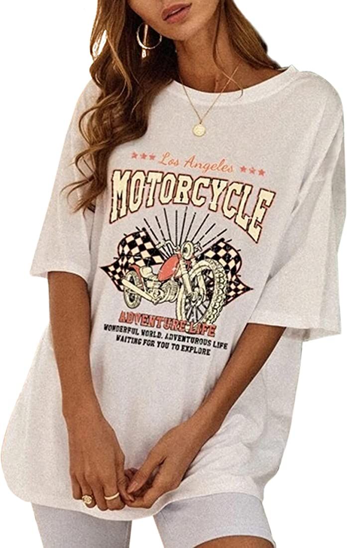 SAFRISIOR Women Vintage Motorcycle Print Graphic T-Shirt Short Sleeve Round Neck Casual Oversized... | Amazon (US)
