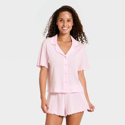 Women's Notch Collar Shirt and Shorts Pajama Set - Wild Fable™ Pink XS | Target