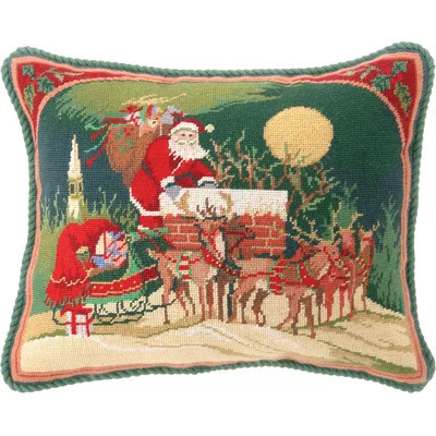 Santa & Reindeer Needlepoint Holiday Pillow - 16x20 | Wayfair North America