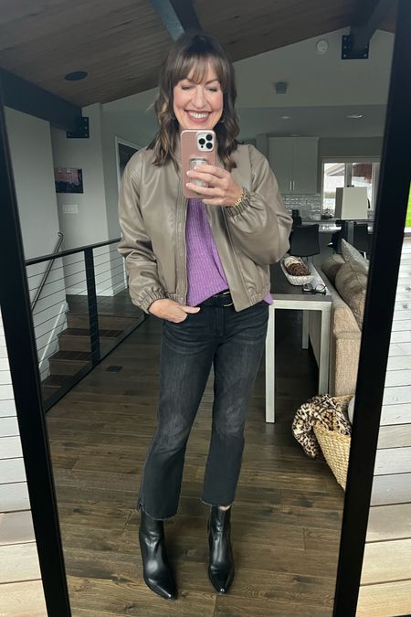 Date night outfit on a cold, rainy evening! Love this faux leather bomber!👏

Abercrombie, cabi, black jeans, Madewell sweater, Dolce Vita boots, faux leather bomber jacket 

#LTKover40 #LTKxMadewell #LTKstyletip