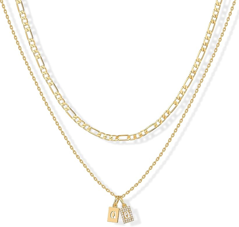 PAVOI 14K Gold Plated Initial Letter Double Dog Tag Pendant Necklace | Dainty Cubic Zirconia Lett... | Amazon (US)