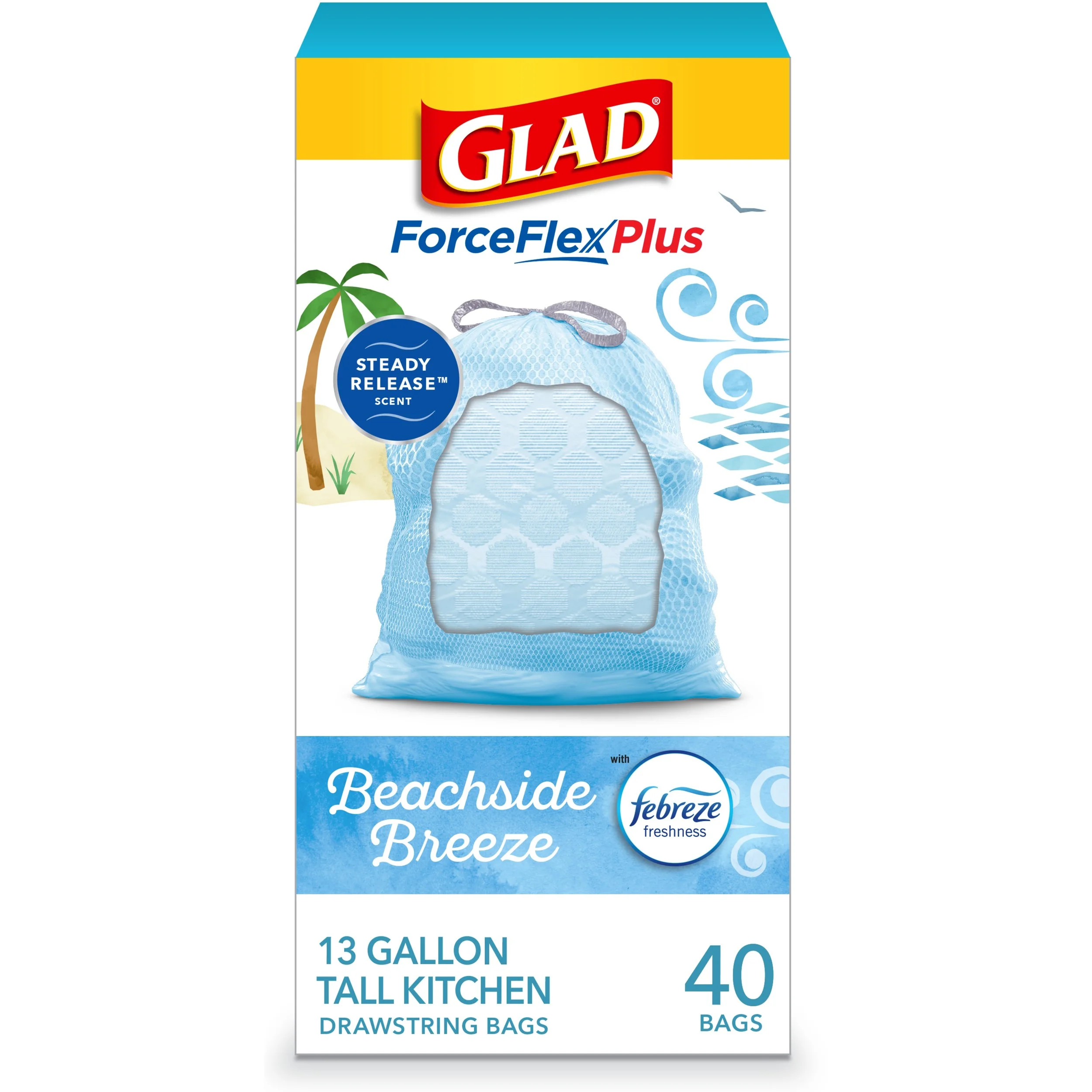 Glad ForceFlexPlus Tall Kitchen Trash Bags, 13 Gallon, 40 Bags (Beachside Breeze Scent, Febreze F... | Walmart (US)