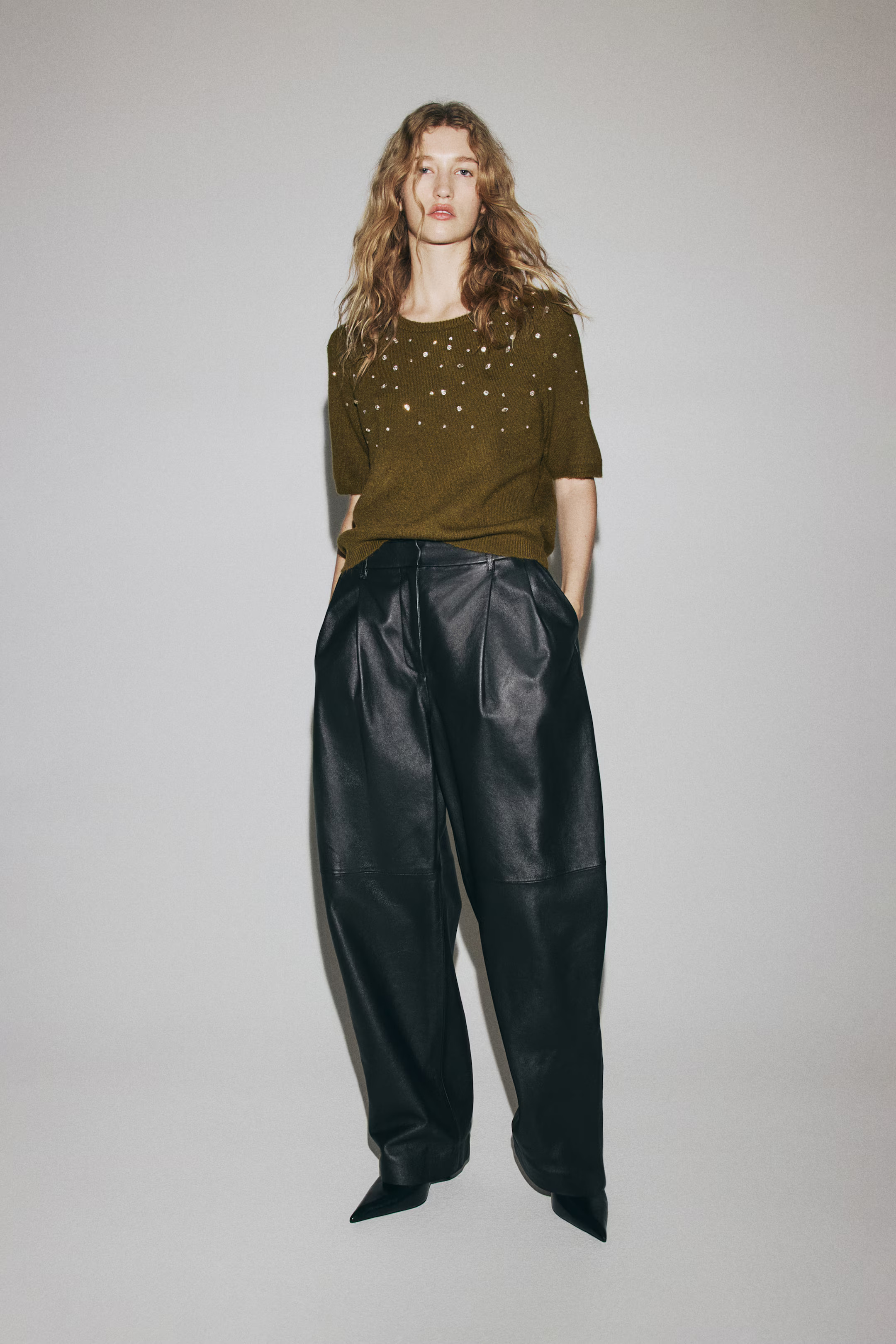 Rhinestone-Embellished Fine-Knit Top - Dark khaki green - Ladies | H&M US | H&M (US + CA)
