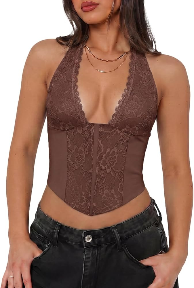 UNCOOYEE Women Sexy Lace Halter Neck Tank Top Sleeveless Backless Y2k Trendy Going Out Corset Cro... | Amazon (US)