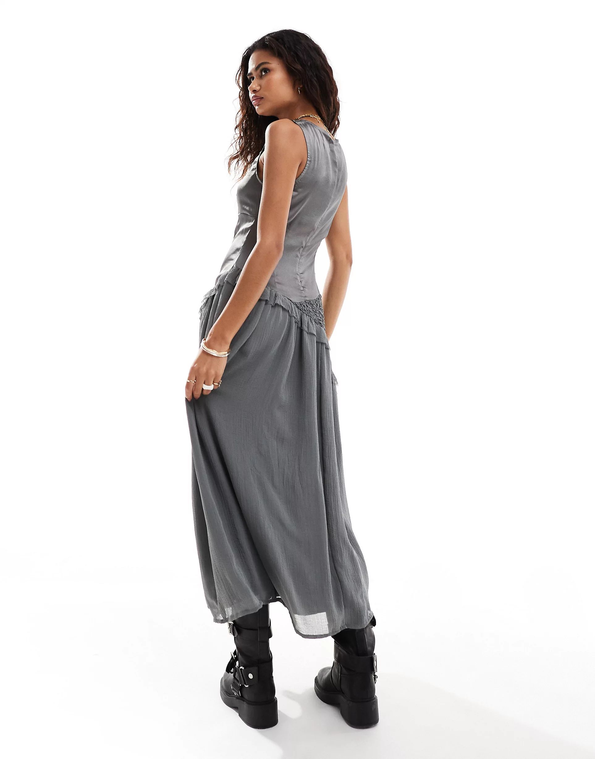 Reclaimed Vintage Limited edition midi dress in mixed fabric in grey | ASOS (Global)