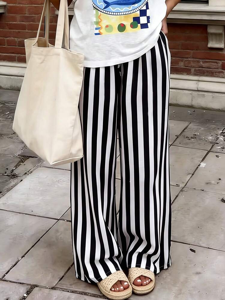 Women's Casual Striped Loose Pants, Lightweight Comfortable Elegant Bohemian Style Trousers For Spring, Summer, Autumn Seasons | SHEIN