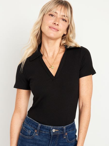 Short-Sleeve Rib-Knit Collared Shirt for Women | Old Navy (US)