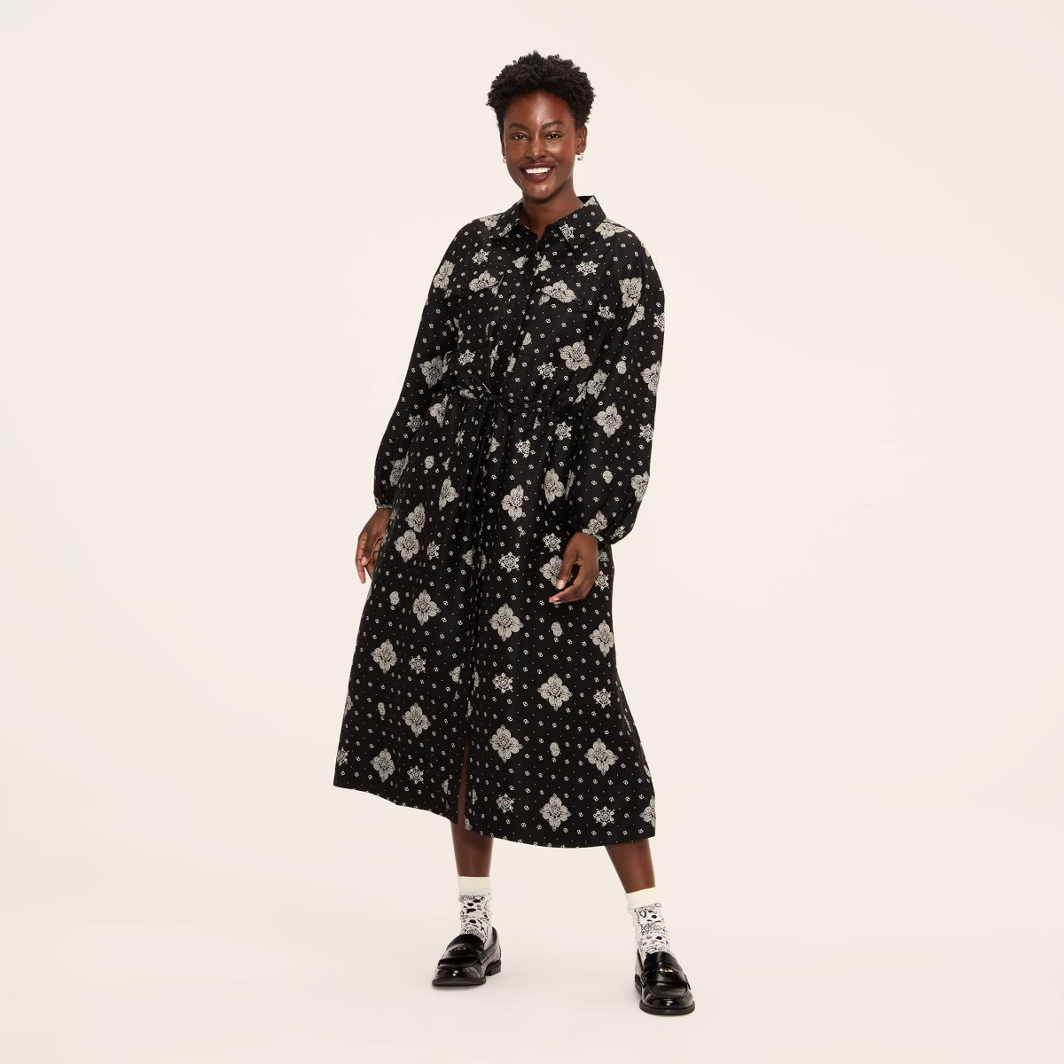 Women's Bandana Print Long Sleeve Utility Midi Shirt Dress - Woolrich x Target Black | Target