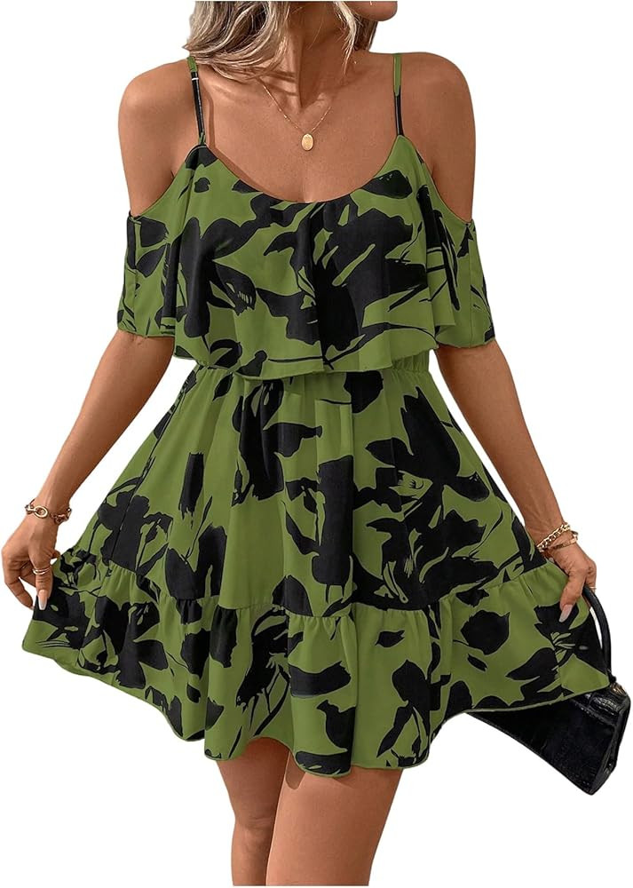 SOLY HUX Women's Boho Floral Print Cold Shoulder Dress Short Sleeve Ruffle A Line Vacation Elegan... | Amazon (US)