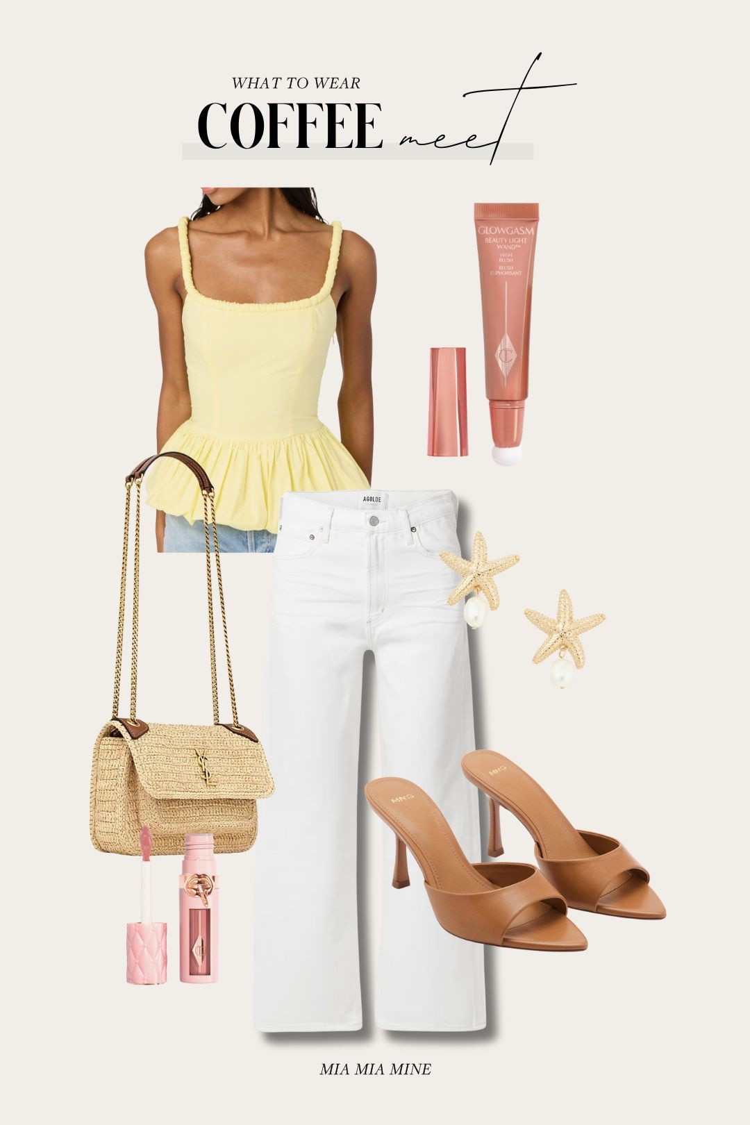 Chic summer outfit
Astr the label butter yellow top
Agolde white jeans
Saint Laurent raffia bag
Mango tan heels 

#LTKFindsUnder100 #LTKStyleTip #LTKPetite