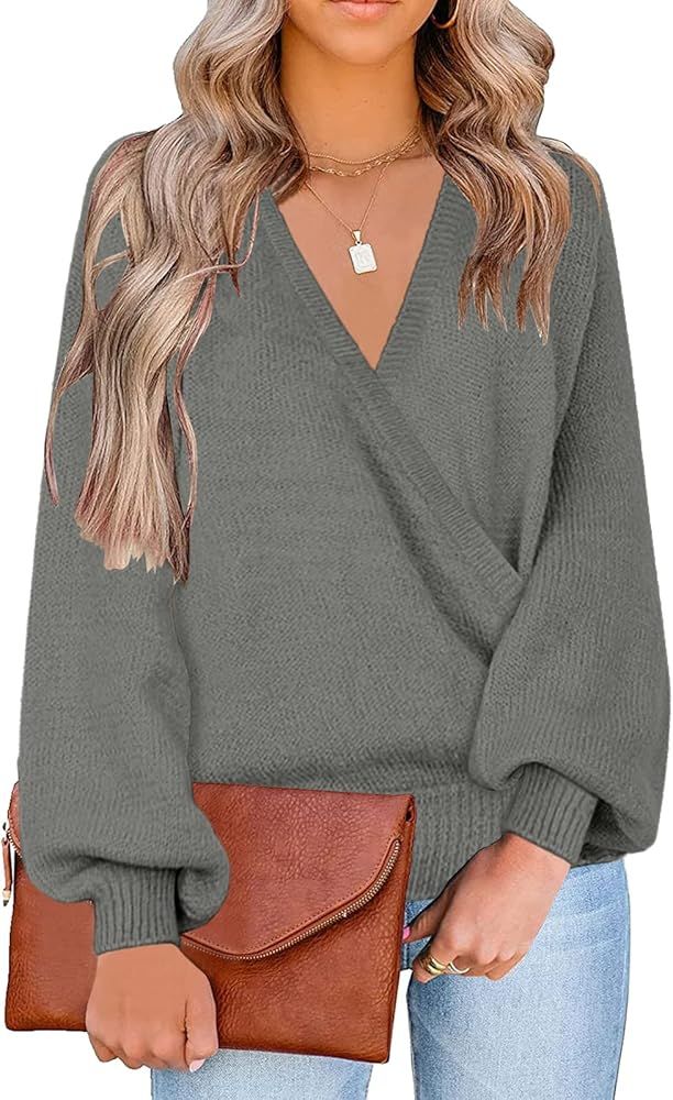 LookbookStore Women's Knit Long Sleeve Faux Wrap Surplice V Neck Sweater Top | Amazon (US)