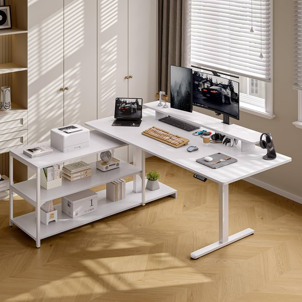 L Shaped Standing Desk with File Cabinet, 63x24'' Whole Piece Electric Stand Up Desk with Monitor... | Amazon (US)