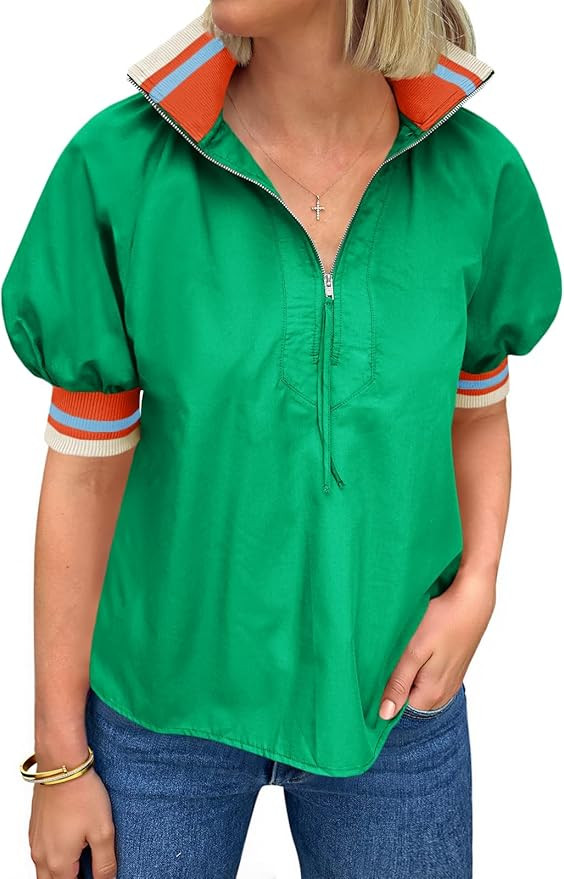 Tankaneo Womens Puff Sleeve Tops Blouse Color Block Half Zip V Neck Pullover Trendy Summer Casual... | Amazon (US)