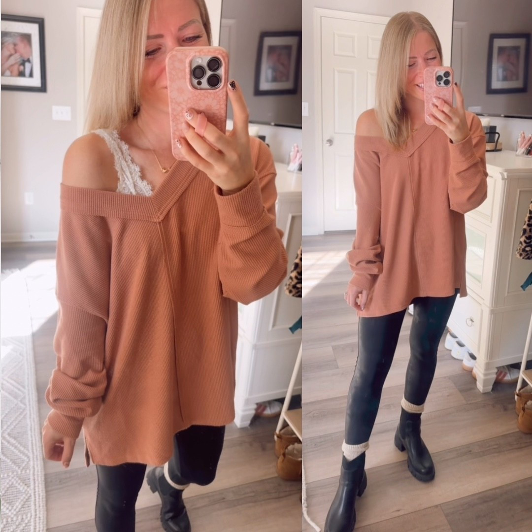This sweater is SO soft and ribbed perfect on or off the shoulder, size small 

Leggings friendly 
Amazon 
Oversized 