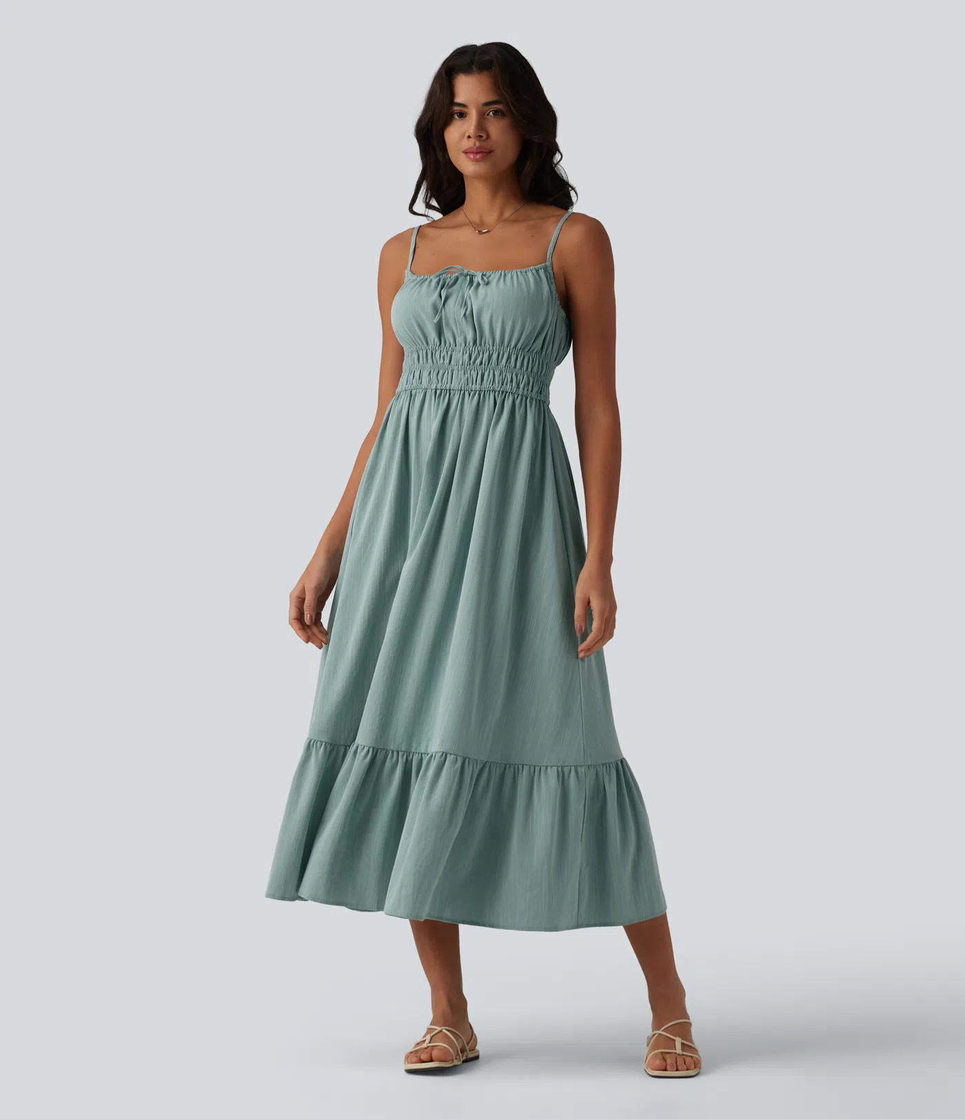 Women’s Tie Front Flowy Midi Casual Linen-Feel Slip Dress - Halara | HALARA