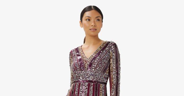 Long Sleeve Cocktail Dress With Sequin Striped Detail In Bordeaux | Adrianna Papell