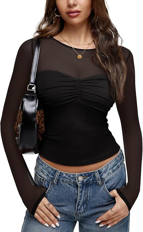 REORIA Womens 2025 Lace Long Sleeve Tops Sexy Mesh Sheer Y2k V Neck Shirts See Through Blouses | Amazon (US)