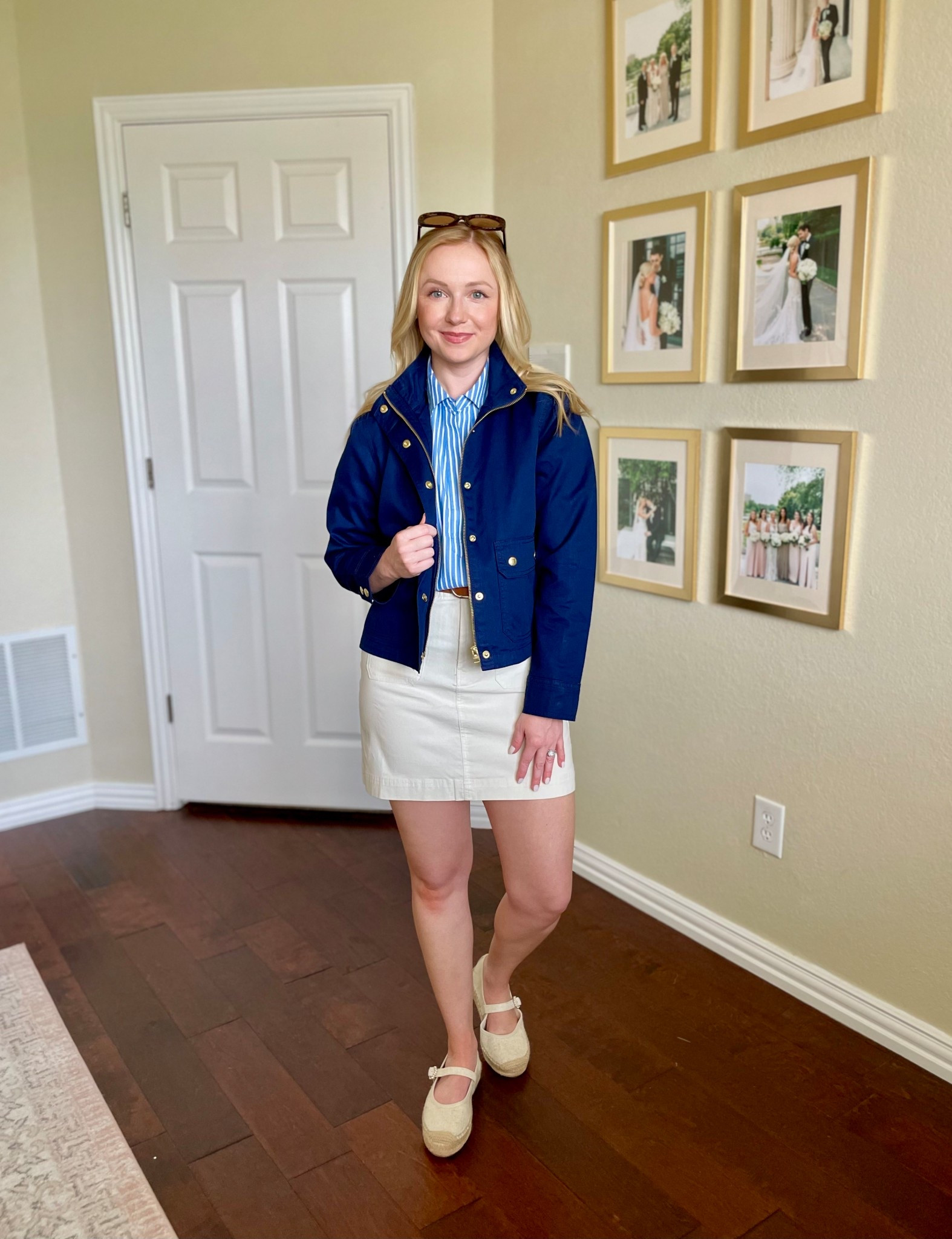 Such a cute spring look! Wearing a 0 in skirt, XS in top and XSP in jacket! Love this classic utility jacket in navy for spring 

#LTKSeasonal #LTKPetite #LTKFindsUnder100