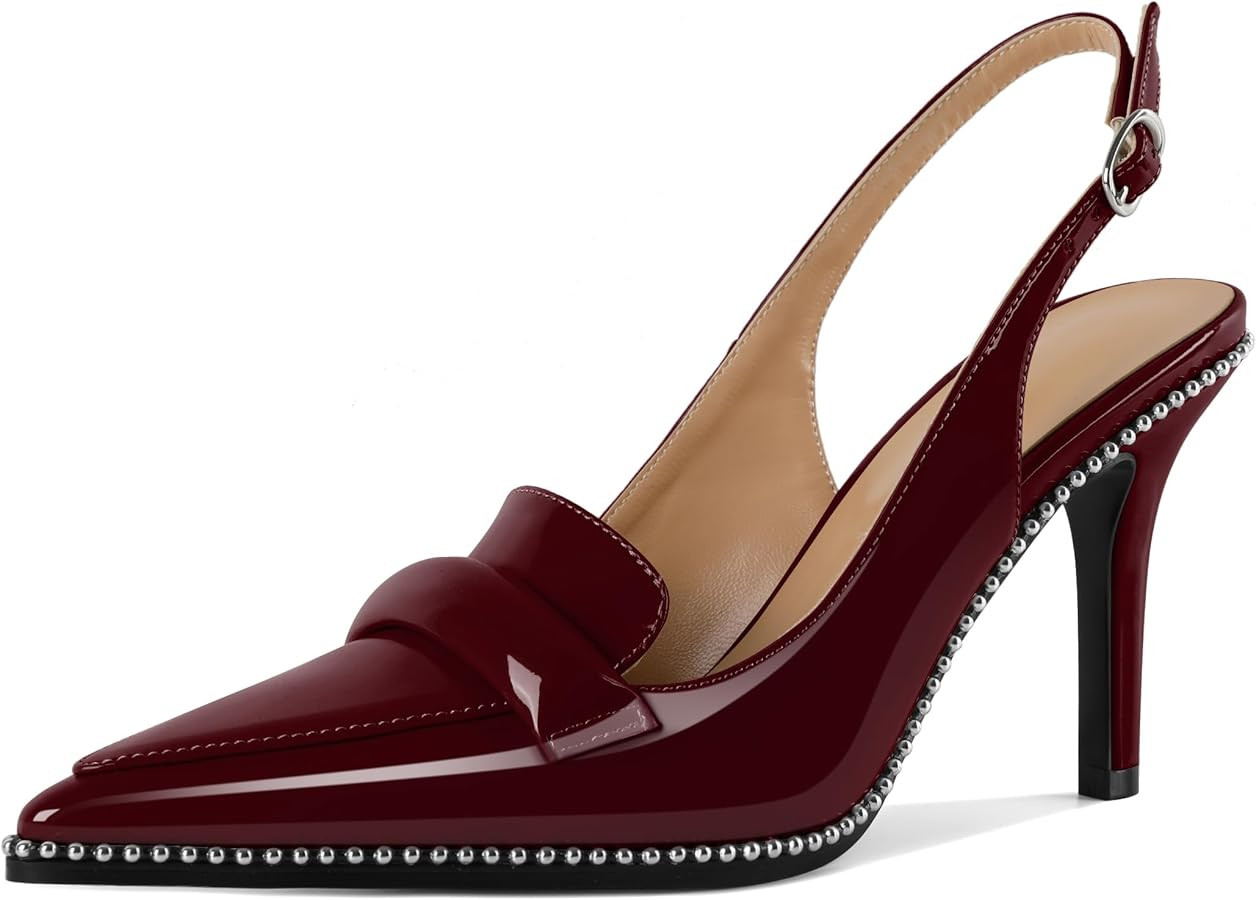 Esvowido Womens Slingback High Heel Pumps Closed Pointed Toe Stilettos Beaded Pumps 3.5 Inch Comf... | Amazon (US)