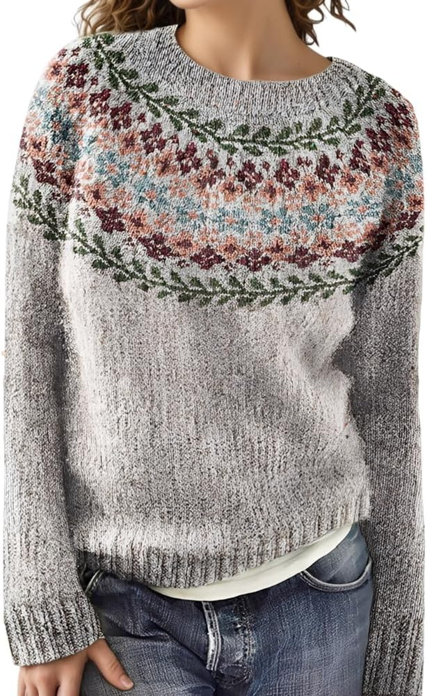 Women's Knitted Fair Isle Print Retro Sweater Casual Loose Crewneck Long Sleeve Lightweight Cropp... | Amazon (US)