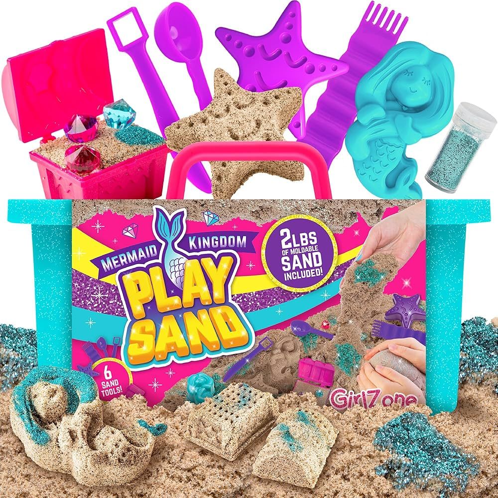 GirlZone Mermaid Sensory Sand Kit, 2lbs Moldable Play Sand for Kids Aged 3+, Magic Sand with Gems... | Amazon (US)