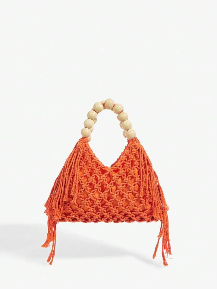 SHEIN SXY Women's Fashion Summer Vacation Crochet Wooden Bead Handle Tote Bag | SHEIN
