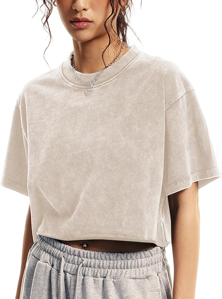 Womens Oversized Vintage T Shirts Casual Cropped Tees Short Sleeve Cotton Acid Wash Tops Summer G... | Amazon (US)
